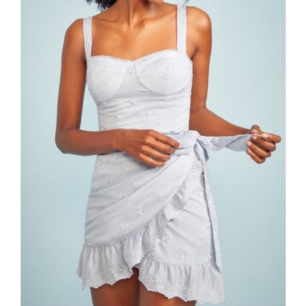 REFORMATION Ives Wrap Dress Embroidered Floral Sweetheart Ruffle Mini Light Blue